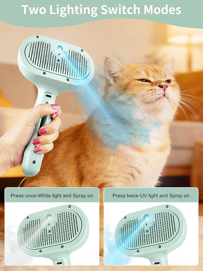 Dog Cat Steam Brush With UV Light, 3 in 1 Release Button Self-Cleaning Grooming Brush for Pets Cats Dogs, Hair Massaging Shedding for Small Animals Long Short Haired - Green