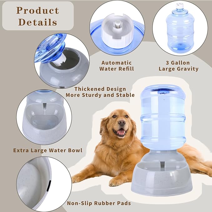 3 Gallon Automatic Dog Water Dispenser, 11L Large Dog Water Bowl Dispenser, Automatic Pet Water Dispenser Gravity Water Bowl for Dogs, Large Dog Drinking Fountain