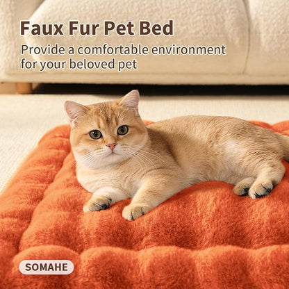 Cat Bed Mat, Soft Plush Faux Fur Kneading Pet Bed, Machine Washable Cat Sleeping Pad for Indoor Cats & Kittens, Non-Slip Fluffy Cat Rug for Couch Sofa Floor, 23x15 Inch Orange