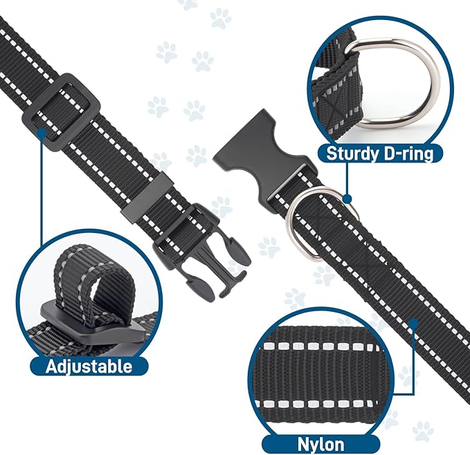 Dog Collar for Small Medium Dogs with Buckle, Breathable Adjustable Nylon Reflective Dog Collars, Black/Small