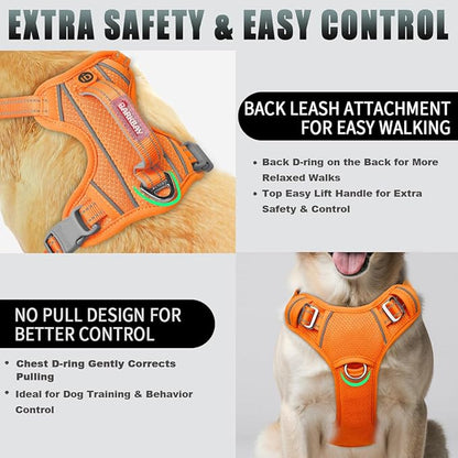 BARKBAY No Pull Dog Harness Large Reflective Dog Harness with Front Clip and Easy Control Handle for Walking Training Running with ID tag Pocket(Orange,XL)