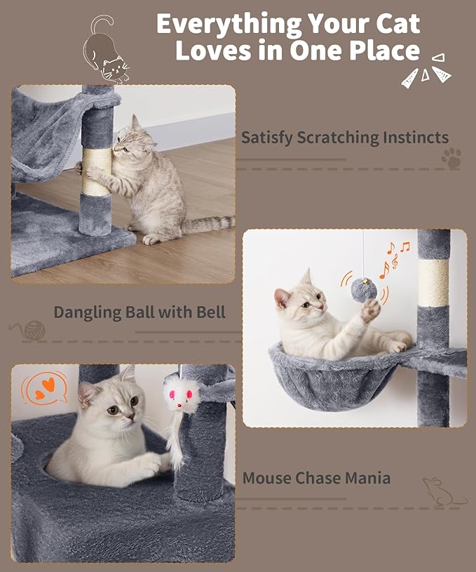 AMHANCIBLE Cat Tree, 70 Inch Cat Tower for Indoor Cats, Multi-Level Cat Tree with Scratching Post, Hammock, Hanging Basket, Large Cat Condos for Adult Cats Kittens, Grey, PT18GY