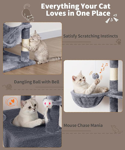 AMHANCIBLE Cat Tree, 70 Inch Cat Tower for Indoor Cats, Multi-Level Cat Tree with Scratching Post, Hammock, Hanging Basket, Large Cat Condos for Adult Cats Kittens, Grey, PT18GY