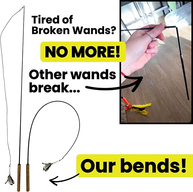 Forever Stick and 9 Cat Feather Toy Refills - The Unbreakable Cat Wand Toy, Durable Cat Toy Wand, Extra Long Cat String Toy, Cat Fishing Pole Toy for Bored Indoor Adult Cats, Cat Stick Toy