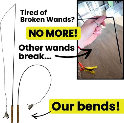 Forever Stick and 9 Cat Feather Toy Refills - The Unbreakable Cat Wand Toy, Durable Cat Toy Wand, Extra Long Cat String Toy, Cat Fishing Pole Toy for Bored Indoor Adult Cats, Cat Stick Toy