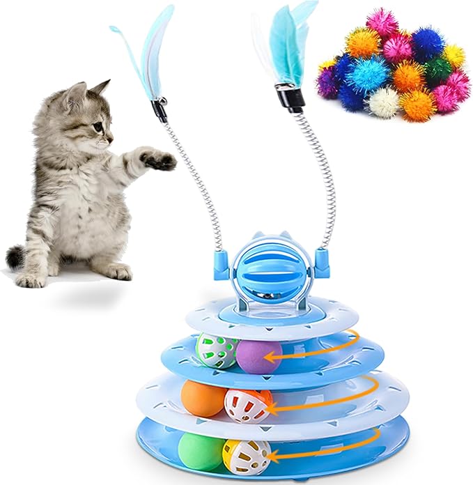 Vealind Cat Toy Roller 4-Level Turntable Cat Toys Balls with 14 Pcs Colorful Pom Pom Balls Interactive Fun Mental Physical Exercise Puzzle Kitten Toys (Blue)
