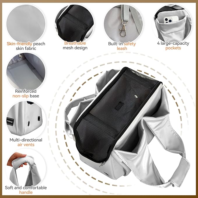 Dog Purse Carrier, Small Dog Cat Puppy Outdoor Portable Bag, Foldable Breathable 3‑Speed Zipper Access Pet Travel Bag with Large-Capacity Pockets, 15 lbs Capacity,Grey