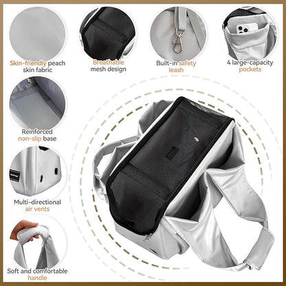 Dog Purse Carrier, Small Dog Cat Puppy Outdoor Portable Bag, Foldable Breathable 3‑Speed Zipper Access Pet Travel Bag with Large-Capacity Pockets, 15 lbs Capacity,Grey