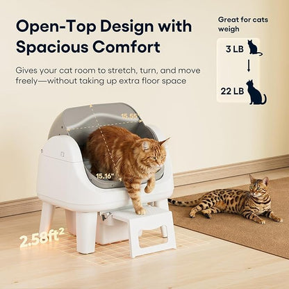 PetPivot Open Top Self Cleaning Cat Litter Box, Automatic Litter Box with 7 Pairs of Safety Sensors, Anti-Pinch Protection and Easy Access Step for Senior Cats, White Grey
