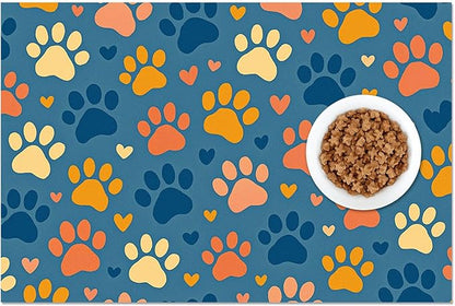 Colorful Dog Paw Print Pet Feeding Mat Spill-Proof Pets Food Mat for Dog Food and Water Bowl Pet Feeding Bowl Mats for Pets Feeding Cute Easy Clean Fast Dry Cats Feedings Pad 24" x 16"