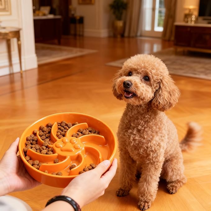 Ceramic Slow Feeder Dog Bowl, 1.5 Cup Dog Food or 20oz Water, Slow Eating Bowl for Small Breed, Maze Puzzle Feeder for Fast Eaters, Anti-Choking Stop Bloat, Non-Slip BPA Free (Orange)