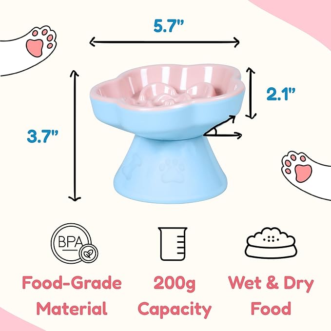 Detachable Slow Feeder Cat Bowl, Melamine Tilted Elevated Slow Eating Cat Bowls - Heavy Weighted, Non-Slip, Whisker Friendly, Dry & Wet Food, Dishwasher Safe (Pink + Orange, 5.8" x 2 Pack)