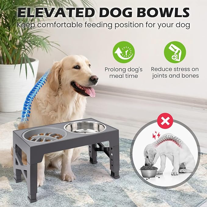Heeyoo Elevated Dog Bowls - 5 Adjustable Heights Stand, 2 Stainless Steel Bowls & 1 Slow Feeder, 3.2" to 12.2" for Small to Large Dogs