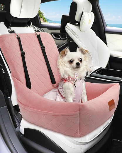 WOOAIDAGG Dog Car Seat for Small Dogs Up to 25lbs,Soft Washable Fabric Fill in Memory Foam,Easy to Assemble with 2 Clip-On Safety Leashes and Storage Pockets,Front or Back Seat are Both OK (Pink)