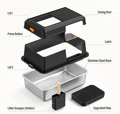 Removable Stainless Steel Cat Litter Box with lid, Side & Top Entry Kitty LitterBox，Cat Litter Box Enclosure, XL Extra Large High-Sided Metal Cat Box with Scoop, Footboard (Black)
