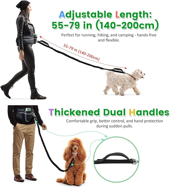 Hands Free Dog Leash with Dog Snack Waist Pack,1.4-2M Retractable Leash for Medium & Large Dogs, Waist Belt, Dual Handles, Reflective for City Walking & Running Outdoor Hiking &Travel etc.