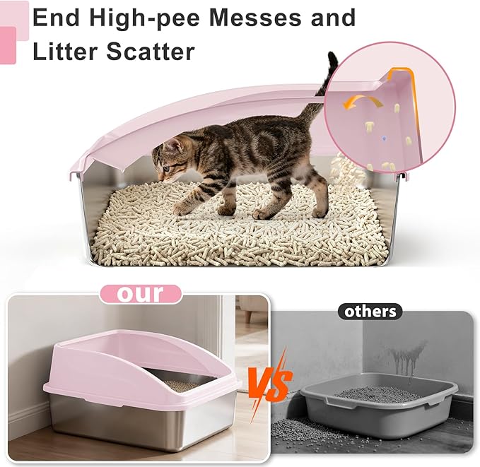 Stainless Steel Litter Box | XXL Deepened 8" Design Enclosed Box with Lid for Big Cats | High Sided, Anti-Urine Leakage | Non-Stick Bottom & Includes Litter Mat & Metal Scoop(Cute Pink)