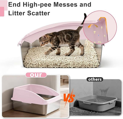 Stainless Steel Litter Box | XXL Deepened 8" Design Enclosed Box with Lid for Big Cats | High Sided, Anti-Urine Leakage | Non-Stick Bottom & Includes Litter Mat & Metal Scoop(Cute Pink)