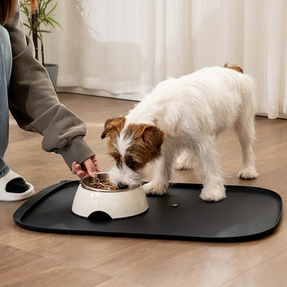 Silicone Dog Food Mat with Side Pocket & Hook Hole, Soft Raised Edges, Easy Clean Waterproof Non-Slip Pet Feeding Mat for Cats and Dogs Water Bowl, Pets Accessories(18"x12",Black)