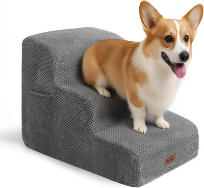 Deconovo Pet Stairs for Small & Elderly Dogs Cats 3-Step Dog Ramp Non-Slip Surface, Soft Washable Cover, Portable for Couch & Bed Use –Ideal for Senior Pets, Compact Storage Friendly, 15.7" H Ash Gray