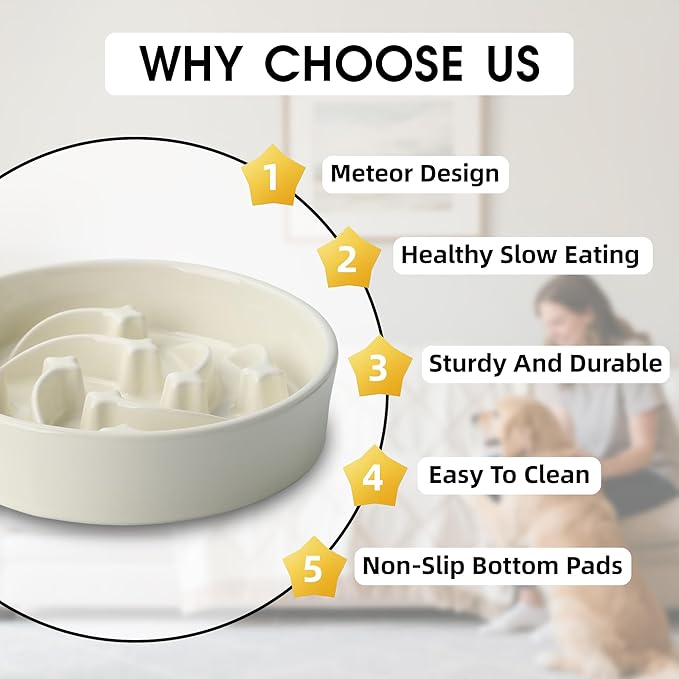 Ceramic Slow Feeder Dog Bowls Large Breed, 2 Cups Slow Eating Dog Bowl, Anti-Gulping Pet Food Bowl Reduce Choking, Heavy Puzzle Maze Design Pet Dishes for Fast Eaters, 8.3 inch - Beige