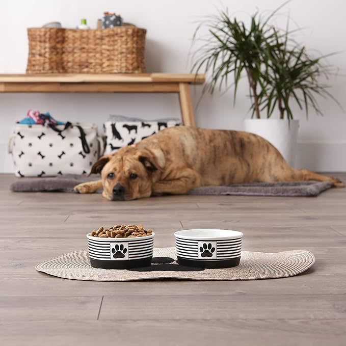 Bone Dry Ceramic Stripe Paw Pet Bowls Collection, Dishwasher Safe, Small, 4.25x2, Black, 2 Count