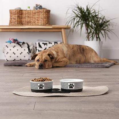 Bone Dry Ceramic Stripe Paw Pet Bowls Collection, Dishwasher Safe, Small, 4.25x2, Black, 2 Count