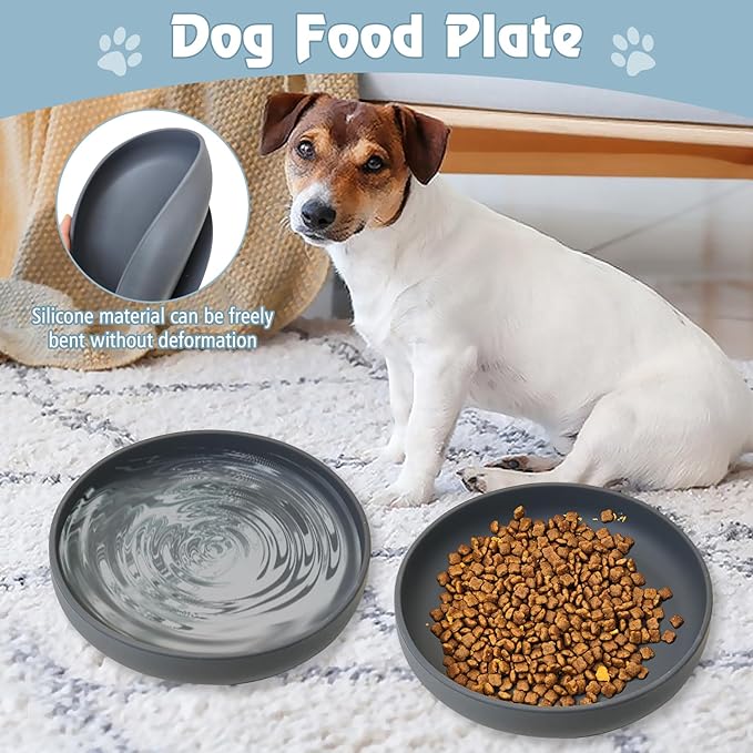 BNOSDM Silicone Cat Bowl Non-Slip Cat Food Plate Flat Dog Bowls with Suction Cup Shallow Puppy Food and Water Dish for Small and Medium Pets (Steel Gray)