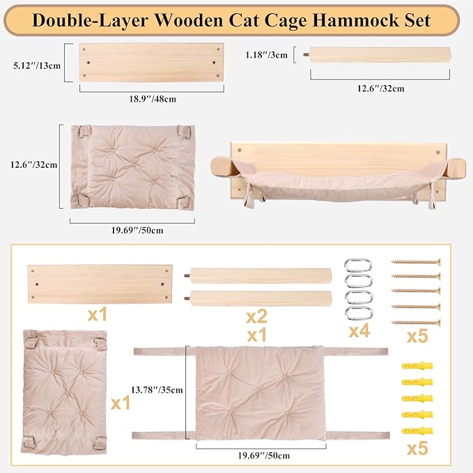 JSPYFITS Wooden Cat Wall Hammock, 18.9 x 12.6 Inch Double Layer Cat Furniture Hammock, Large Removable Multi-Function Cats Bed for Sleep/Play/Climb/Lounge Easy DIY Installation(Beige)