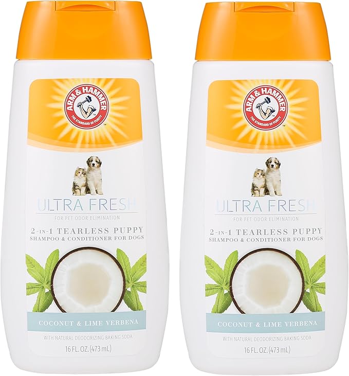 Arm & Hammer Ultra Fresh Tearless Puppy Shampoo and Conditioner 2 in 1 with Baking Soda Deodorizer, Gentle Pet Wash for Odor Control, Puppy Bath, Coconut & Lime Verbena Scent, 16 Fl Oz - 2 Pack