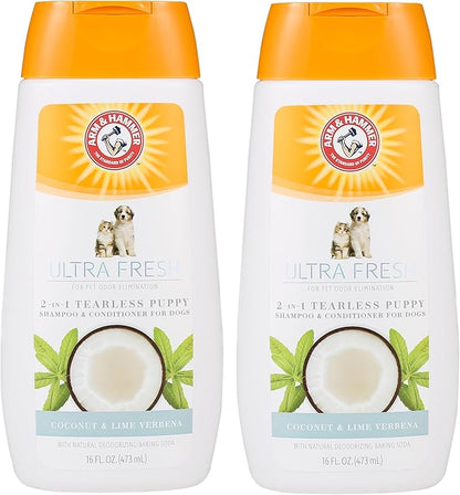 Arm & Hammer Ultra Fresh Tearless Puppy Shampoo and Conditioner 2 in 1 with Baking Soda Deodorizer, Gentle Pet Wash for Odor Control, Puppy Bath, Coconut & Lime Verbena Scent, 16 Fl Oz - 2 Pack