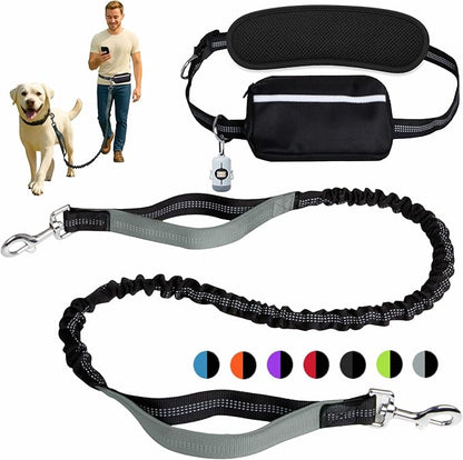 Hands-Free Dog Leash for Dogs up to 130 lbs – Heavy-Duty, Shock-Absorbing Bungee Leash with Zipper Pouch, Dual Padded Handles & Adjustable Waist Belt for Running & Walking – Cool Gray