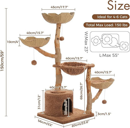 PAWZ Road Cat Tree for Indoor Cats Large Adults, 59 Inches Modern Cat Tower with 3 Large Baskets, Natural Solid Wood, Luxury Condo and Hammock, Modern Furniture for Big Cats, Brown