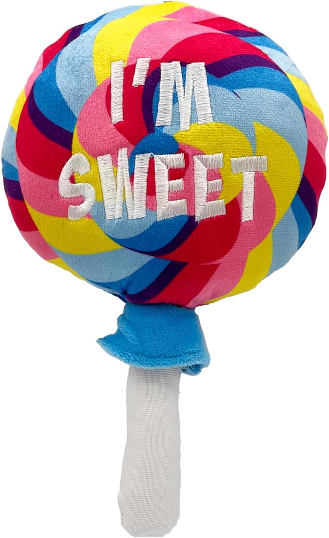 Huxley & Kent Funny Dog Toy w/Squeaker – Power Plush Squeaky Dog Toys for Small, Medium & Large Dogs – Soft Stuffed Animal for Indoor Play & Fetch - I'm Sweet Lollipop, Large
