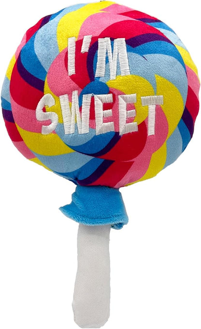 Huxley & Kent Funny Dog Toy w/Squeaker – Power Plush Squeaky Dog Toys for Small, Medium & Large Dogs – Soft Stuffed Animal for Indoor Play & Fetch - I'm Sweet Lollipop, Large