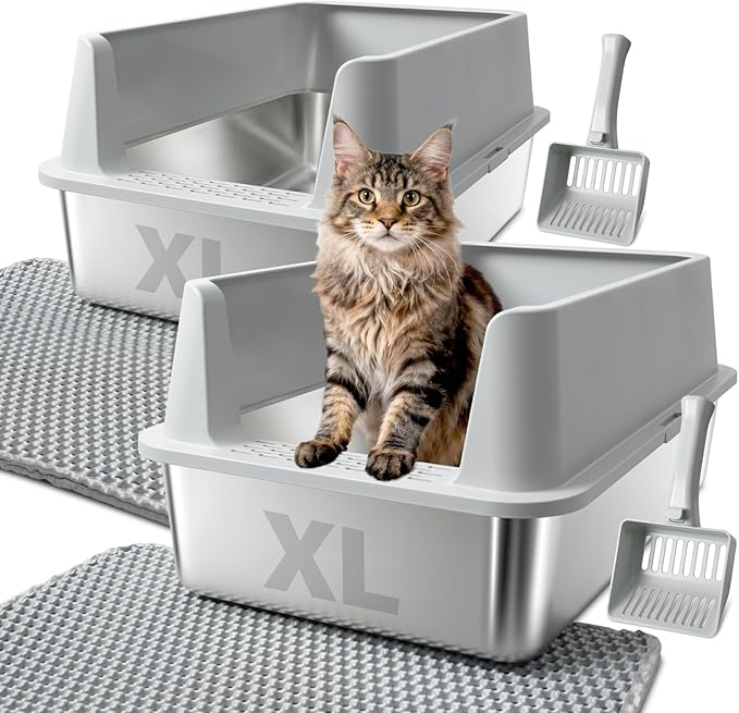 2PACK Stainless Steel Litter Box, Extra Large Cat Litter Boxes for Big Cats, XL Metal Cat Litter Box with High Sides Lid, Anti-Urine Leakage, Non-Sticky, Scoop and Mat Included