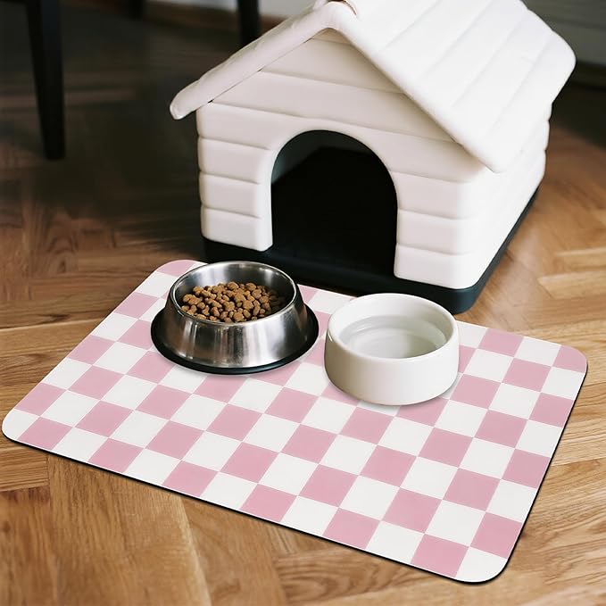 Checkered Dog Food Mat, Absorbent Leak-Proof Pet Feeding Mat, Quick Dry Cat Food Mat for Messy Drinkers 12" x 20" Pink