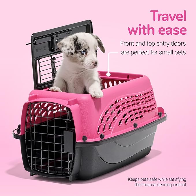 Petmate Dog Crates for Small Dogs & Cat Carriers, Two-Door Plastic Pet Kennel, Top & Front Loading, XS 19" For Dogs Up To 10 lb, Pink