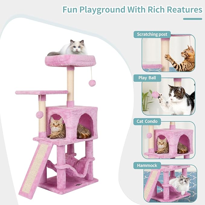 MIAO PAW Pink Cute Cat Tree for Indoor Cat Tower with Scratching Post Modern Activity House Hammock Hanging Ball Condo with Board