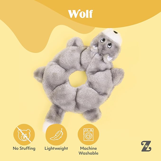 ZippyPaws Loopy - No Stuffing Dog Toys to Keep Them Busy, for Small, Medium, & Large Dogs, Squeaky Pet Toy for Boredom, Unstuffed Chew Toy, Soft Plush Puppy Products, Wolf - 10"