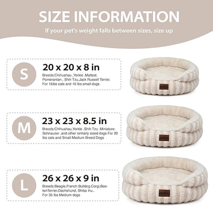 Cat Bed Puppy Bed - Washable Round Cat Beds for Indoor Cats, Soft Corduroy Fleece Pet Bed for Puppy and Kitten with Removable Double Sided Inner Cousion, 23", Beige