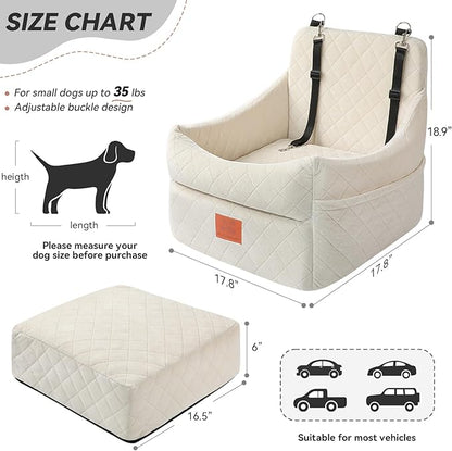 GL GLENSLAVE Dog Car Seat for Small/Medium Dogs, Dog Booster Car Seats with Thick Cushion for Dogs Under 35lbs, Detachable Washable Pet Carseat with Storage Pockets, 2 Safety Belts(Beige)