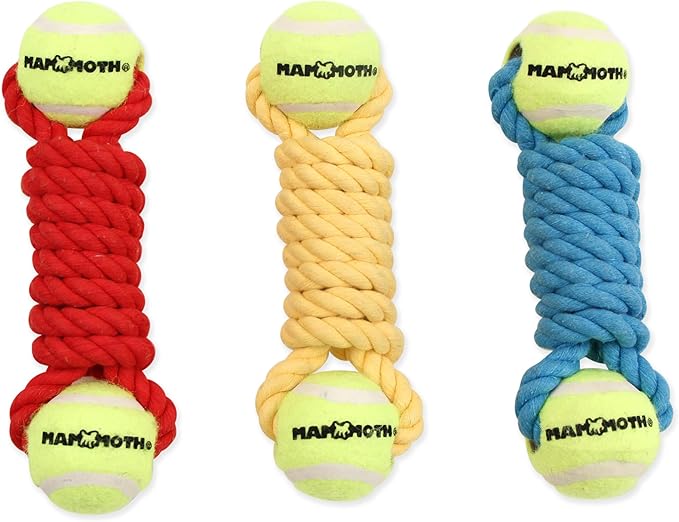 Mammoth Flossy Chews Twister Rope Toy with Tennis Balls – Premium Cotton-Poly Tug Toy for Dogs – Interactive Dog Tug Toy – Rope Dog Toy with Tennis Balls for Small Dogs - Mini 7.5" - Assorted Colors