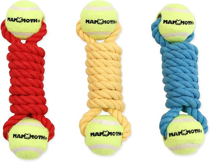 Mammoth Flossy Chews Twister Rope Toy with Tennis Balls – Premium Cotton-Poly Tug Toy for Dogs – Interactive Dog Tug Toy – Rope Dog Toy with Tennis Balls for Small Dogs - Mini 7.5" - Assorted Colors