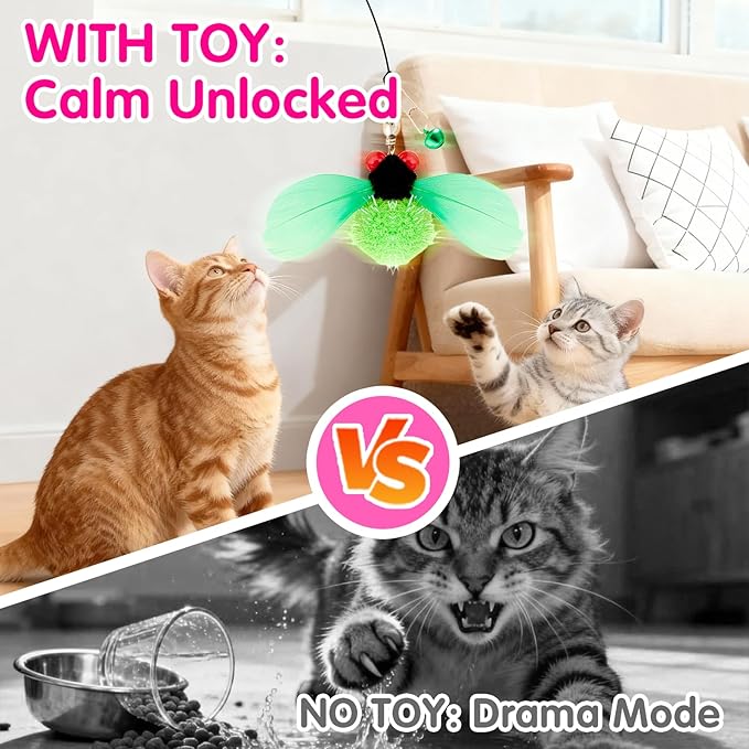 Walfront Interactive Insect Cat Toy for Indoor Cats | Bug Feather Wand with Metal Handle and 3 Realistic Insect Attachments for Exercise, Enrichment and Fun Play for Kittens and Adult Cats