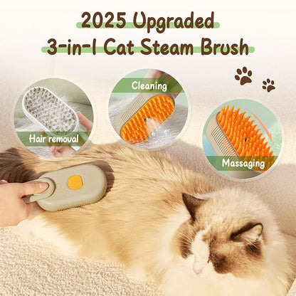 Pet Steam Groomer Brush, 2025 New 3 in 1 Steam Cat Steam Brush for Shedding & Grooming, Multifunctional Hair Removal Comb for Cats Dogs (Khaki＋White)