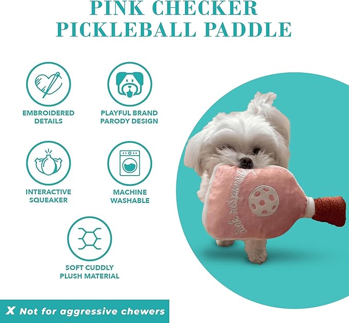 Haute Diggity Dog Pink Checker Pickleball Paddle, Plush Trendy Sporty Dog Toys with Interactive Squeaker, Stimulating Pet Enrichment, Machine-Washable & Safe Materials for All Breeds, One Size