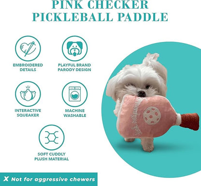 Haute Diggity Dog Pink Checker Pickleball Paddle, Plush Trendy Sporty Dog Toys with Interactive Squeaker, Stimulating Pet Enrichment, Machine-Washable & Safe Materials for All Breeds, One Size