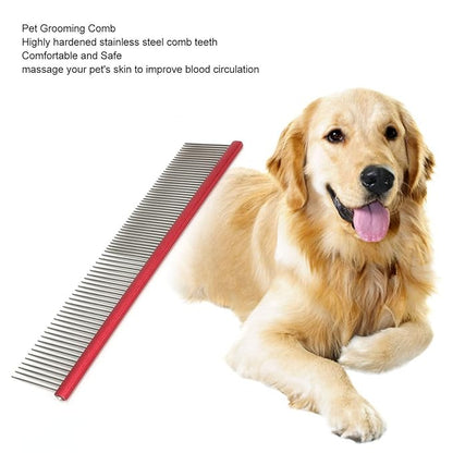 Dog Comb, Stainless Steel Metal Dog Comb Pet Comb with Rounded Ends for Both Short-Haired and Long Haired Breeds(Red)