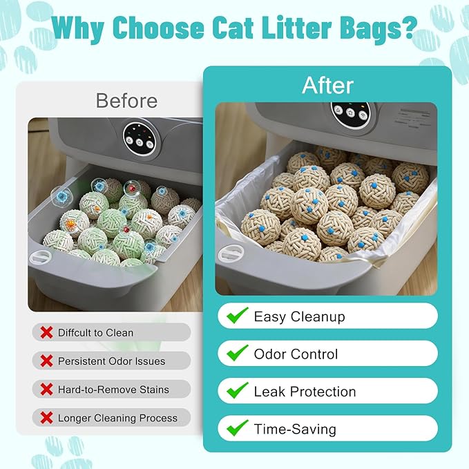 Litter Bags for Automatic Cat Litter Box, Replacement Extra Large Self-Cleaning Cat Litter Box Liners, 4 Rolls Drawstring Trash Bags for Robot, Waste Bag of 24.4×11 Inches（80 Counts/4 Packs）